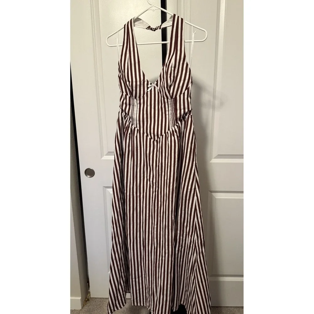 seven wonders calianna midi dress with bow detail brown striped Size S Nautical